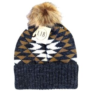 Women's Knit Winter Hat Black Soft Warm Stretch New Beanie Faux Fur Pom